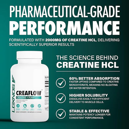Creaflow Stim-Free Creatine Pills | Support Muscle Gain, Performance, Strength and Workout Recovery | Pre Workout Supplement for Men & Women | 180 Capsules, 30 Servings