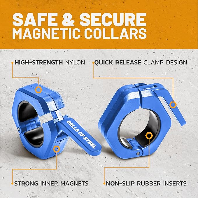 Magnetic Barbell Collars [Bells of Steel] Premium Weight Bar Clamps, Quick Release Barbell Clips, Olympic Barbell Clamps, High Strength Nylon Gym Clips, Pair, Blue