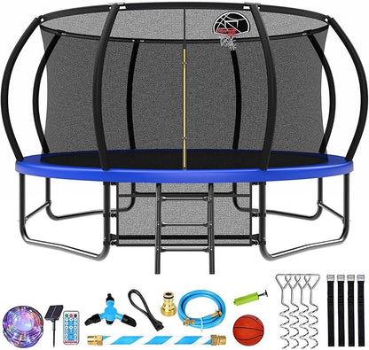 12 14 15 16FT Trampoline Outdoor with Basketball Hoop, Trampoline with Lights for Kids and Adults, Recreational Trampolin with Sprinkler, Stakes
