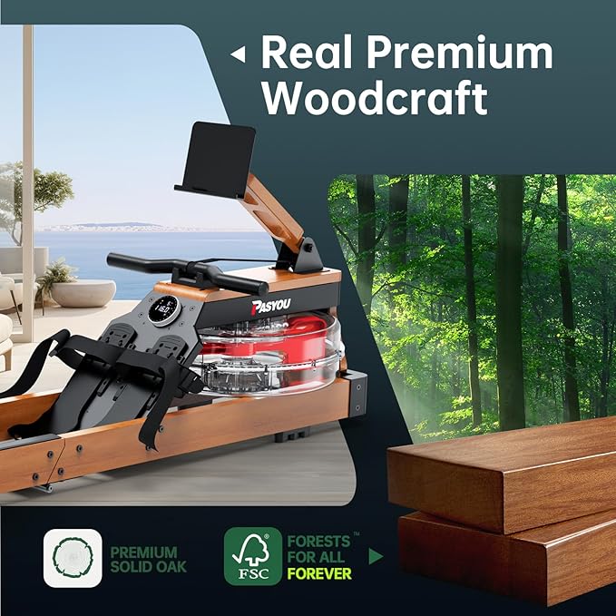 PASYOU Water Rowing Machines for Home Oak Wood Foldable Rower Machine 350LB Weight Capacity, 6 Levels Adjustable Row Machines with Monitor & Device Holder & 14L Tank, Bluetooth with Kinomap APP