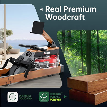 PASYOU Water Rowing Machines for Home Oak Wood Foldable Rower Machine 350LB Weight Capacity, 6 Levels Adjustable Row Machines with Monitor & Device Holder & 14L Tank, Bluetooth with Kinomap APP