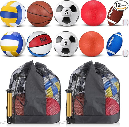 Deekin 12 Pcs Assorted Sport Ball Set Official Size Basketball, Football, Volleyball, Soccer