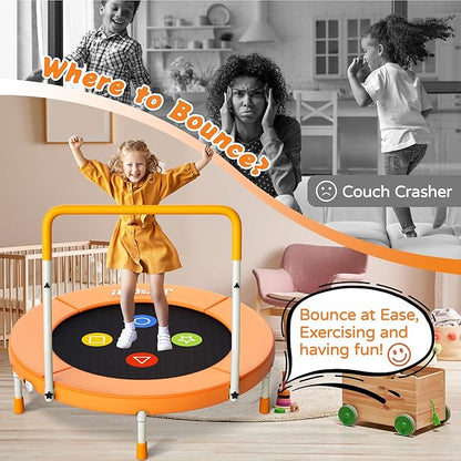 3FT Toddler Trampoline with Adjustable Handlebar, 36" Foldable & Spring-Free, Mini Kids Indoor Outdoor Trampoline for Ages 1-6, Noiseless Jumping Mat, Safe & Sturdy Design, Supports Up to 100 lbs