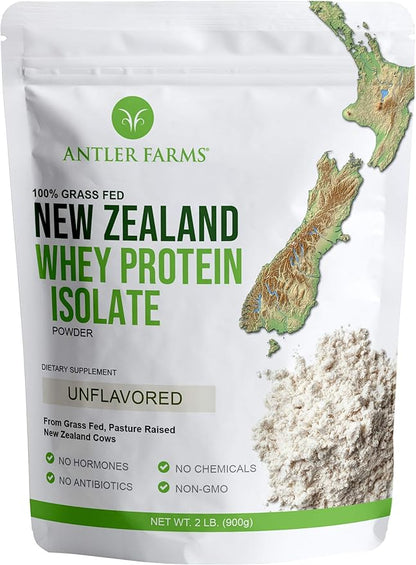 Antler Farms - 100% Grass Fed New Zealand Whey Protein Isolate, Unflavored, 2 lbs - Pure and Clean, 2 Ingredients, Delicious, Cold Processed