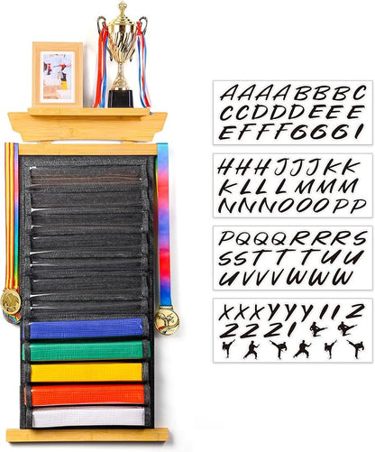 Tilhumt 12/10 Belts Karate Belt Display Rack with Stickers, Taekwondo Belt Display with Trophy/Photo Rack, Felt Dustproof Design, Easy to Put in Belt, Martial Arts Belt Display for Adults