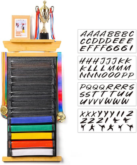 Tilhumt 12/10 Belts Karate Belt Display Rack with Stickers, Taekwondo Belt Display with Trophy/Photo Rack, Felt Dustproof Design, Easy to Put in Belt, Martial Arts Belt Display for Adults