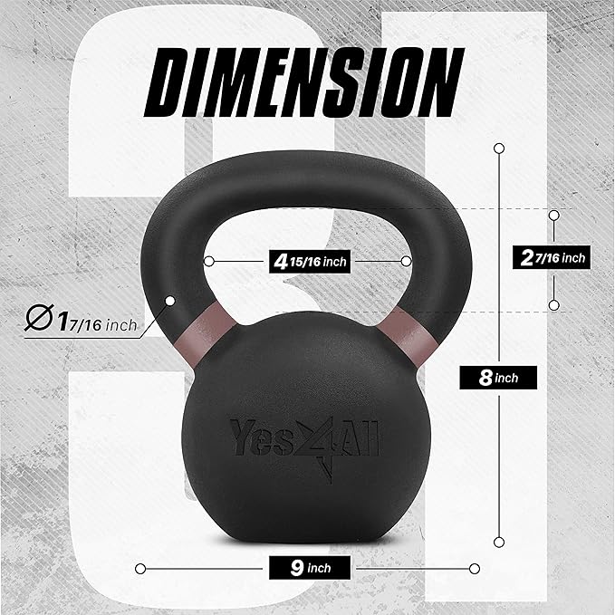Yes4All Kettlebell, Heavy Duty Powder Coated Cast Iron Kettlebells, Non-Slip Handle & Flat Bottom for Conditioning, Strength Training & Full Body Exercises at Home Gym - Single & Pair