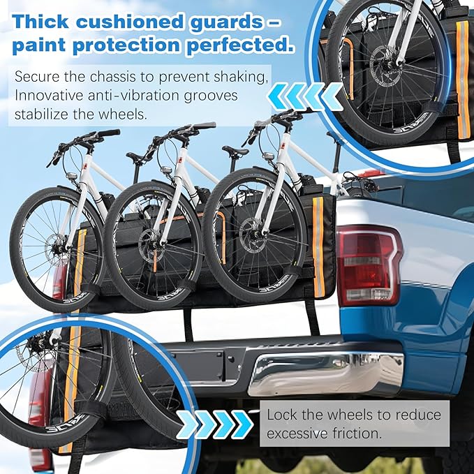 52" Tailgate Bike Pad, 3-in-1 Universal Outdoors Protection Pad Up to 5 Mountain Bikes and Road Bicycles, Thickened Tailgate Cover with Tool Pockets Scratch Shield and Locking