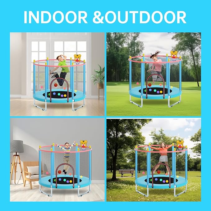 55" Trampoline for Kids, Telawah Indoor/Outdoor Mini Baby with Safety Enclosure Net, Adjustable Toddler with Basketball Hoop, Gifts for Boys & Girls