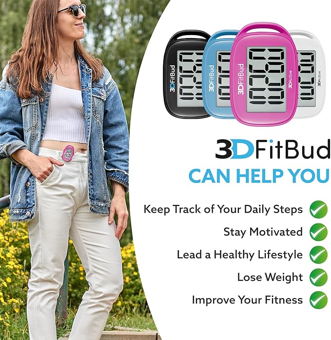 3DFitBud Simple Step Counter Walking 3D Pedometer from 3DActive with Clip & Lanyard - A420S