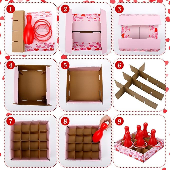 Wettarn Valentine Bottle Toss Game Valentine‘s Day Games Ring Toss with Pink Red Hearts Box 6 Plastic Bottles and 6 Throw Rings for Outdoor Bridal Shower Wedding Activity Party