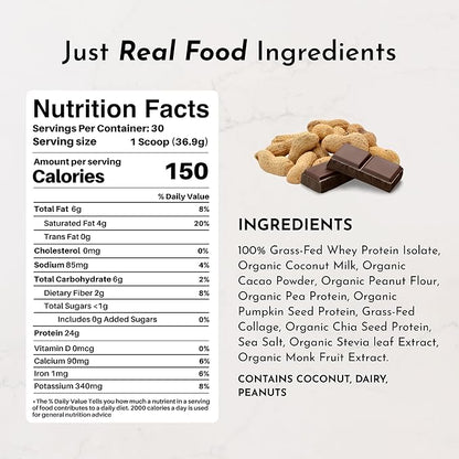JUST INGREDIENTS Creamy Peanut Butter Chocolate Protein Powder ??30-ServingBlend with Grass-Fed Whey, Pea, Pumpkin Seed, Chia & Collagen ??No Sugar Added ??No Gums 24g Protein