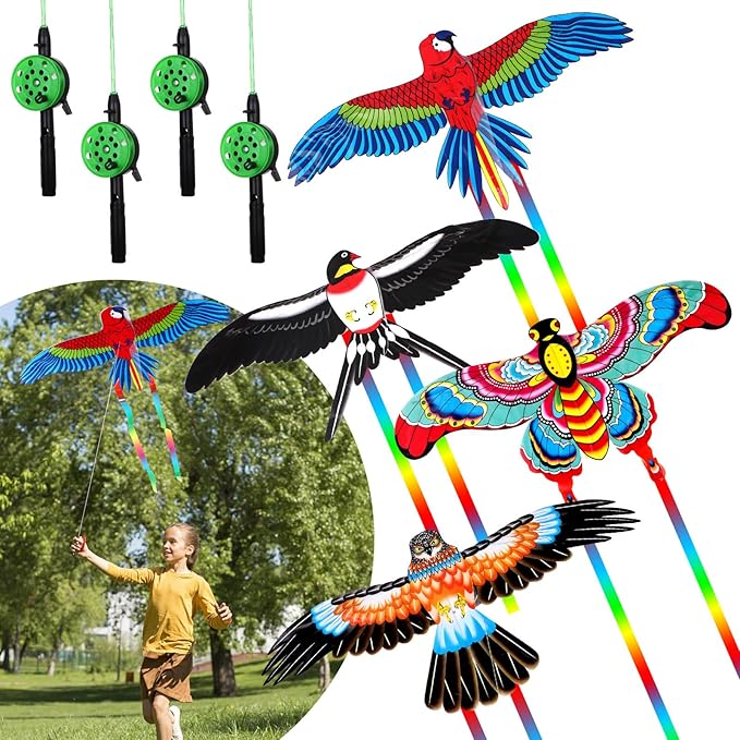 4Pcs Large Fishing Rod Kite for Kid Adults 23.62 Inch Vivid Swallow Parrot Phoenix Butterfly Kite Bulk, Easy to Fly, Kites for Adults Family in Spring Outdoor Beach Team Building