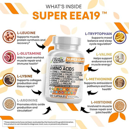 Clean Nutraceuticals Amino Acids Supplement L-Lysine, L-Threonine, L-Leucine, Isoleucine, Valine, L-Histidine, L-Tryptophan, L-Methionine, L-Arginine, L-Cysteine, L-Glutamine, L-Serine, Aspartic Acid