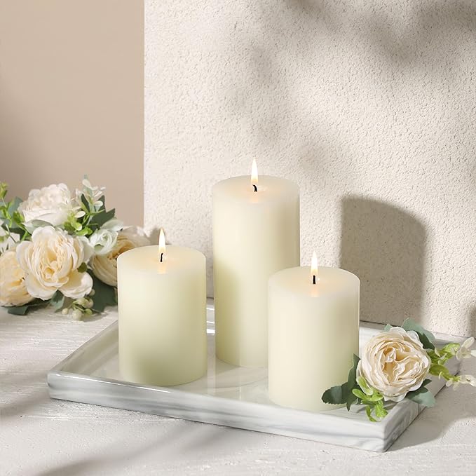 3x4 Inch White Pillar Candles Set of 3 - Decorative Unscented Pillar Candle, Long Burning Dripless Candles for Table Decor, Smokeless Large Pillar Candle for Wedding, Dinner, Rustic Home Decor