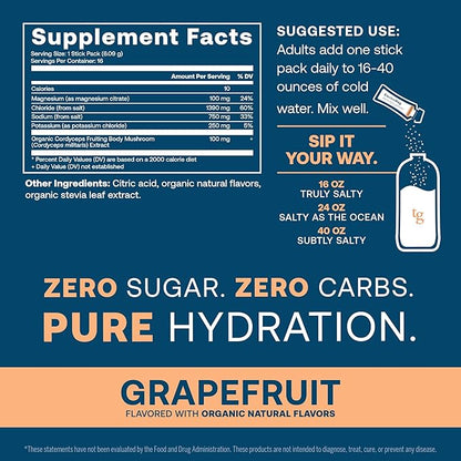 True Grace ElectroMag - 16 Stick Packs - Grapefruit - Electrolyte Powder for Rapid Hydration - Sodium, Potassium, Magnesium & Cordyceps - Zero Sugar & Carbs - Non-GMO - 16 Total Servings