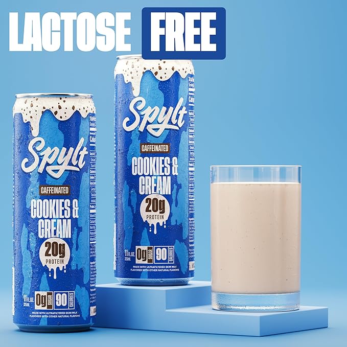 Spylt High Protein Cookies & Cream Milk with 60mg Caffeine & 20g Protein - 90 Calories, Ready to Drink, Sugar Free, Lactose Free Milk, Perfect for Workout Recovery & Afternoon Pick Me Up - 12 Count