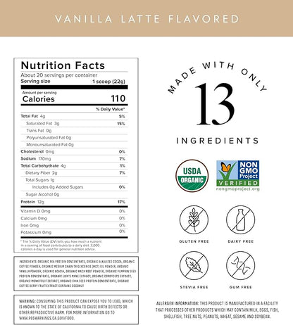 Truvani Protein + Energy Drink Mix with 87mg Caffeine | Vanilla Latte | 12g Organic Plant Based Protein | 20 Servings | USDA Organic Coffee Powder & Adaptogens | Gluten & Dairy Free | Vegan | Non-GMO