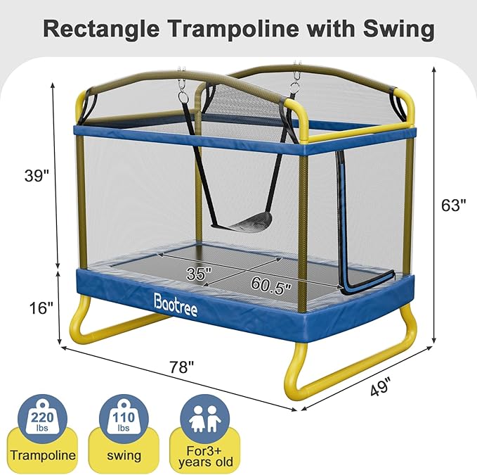 6.5FT Rectangle Trampoline for Kids, 78”ASTM Approved Recreational Trampolines with Swing, Small Toddler Trampoline with Safety Enclosure Net, Outdoor and Backyard, Gifts for Children & Boys & Girls