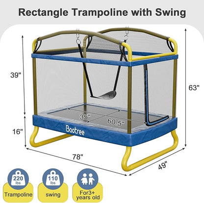 6.5FT Rectangle Trampoline for Kids, 78”ASTM Approved Recreational Trampolines with Swing, Small Toddler Trampoline with Safety Enclosure Net, Outdoor and Backyard, Gifts for Children & Boys & Girls