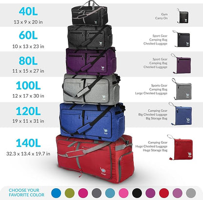 Bago Large Foldable Duffel Bags for Traveling Women & Men - 120L Packable Duffle Bag for Travel with Shoe Compartment - Water Repellant, Heavy Duty, Lightweight Folding & Collapsible (SnowGray)