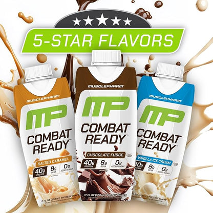MusclePharm Combat Ready High Protein Shakes Ready to Drink, 40g Protein, 8g BCAAs, 8.7g Glutamine, 5g Fiber, No Added Sugar, Gluten Free, Salted Caramel, 17 Fl Oz (Pack of 12)