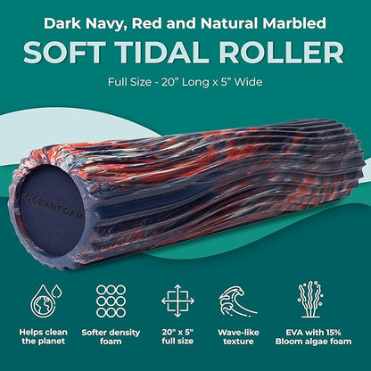 Oceanfoam Soft Tidal Roller (Dark Navy, Red and Natural Marbled) - Low Density Foam Roller for Physical Therapy, Back Pain, Exercise & Stretching - Wave Textured - Yoga, Wellness - Full Size, 20" x 5"