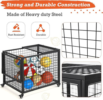 AECOJOY Ball Cart Storage, Rolling Basketball Bin with Wheels for Garage, School, Gym, Sports Equipment and Toy Organizer, Indoor & Outdoor