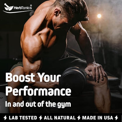 Herbtonics Testosterone Support Supplement for Men - Korean Panax Ginseng & Tribulus Terrestris - Supports Healthy Energy, Strength & Stamina - 60 Vegan Capsules
