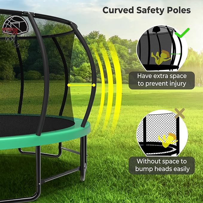 12 14 15 16FT Outdoor Trampolines for Kids and Adults, Pumpkin Trampolin with Curved Poles, Recreational Trampolin with Basketball Hoop and Safety Enclosure Net for Kids and Adults