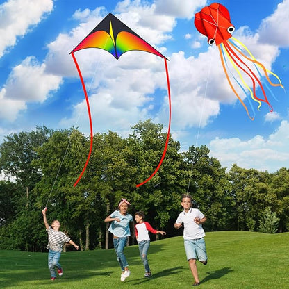 3 Pack Large Kites, Large Butterfly Kite, Colorful Delta and Red Octopus for Girls Boys Ages 4-8, 8-12, Adults
