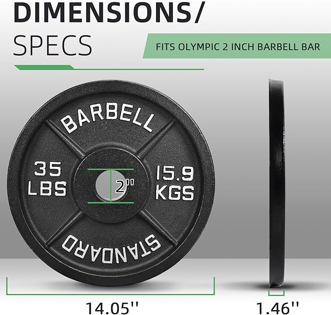 Olympic Cast Iron 2-Inch Weight Plate for Strength Training & Weightlifting, Home Gym, Multiple Weights Available
