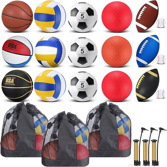 Leyndo 18 Pcs Sport Balls Bulk Set Basketball Football Volleyball Soccer Playground Baseball with