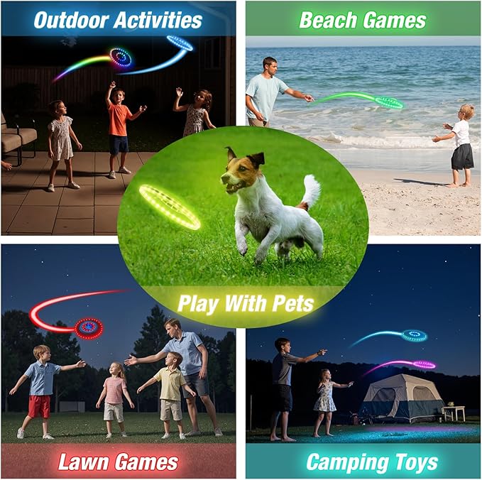 2 Pack Light up Flying Discs for Kids, Rechargeable Disc with 45 LEDs, 14 Lighting Modes(10") & Built-in Battery Disc(7.8"), Glow in The Dark Flying Ring for Beach/Summer Camping/Outdoor Sport