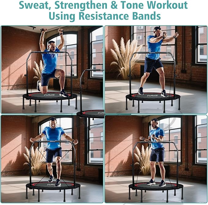 RAVS Mini Trampoline for Kids Adults 40"/48" Foldable Fitness Rebounder Kids Trampoline with 5 Levels Height Adjustable Handle Resistance Bands Indoor Workout