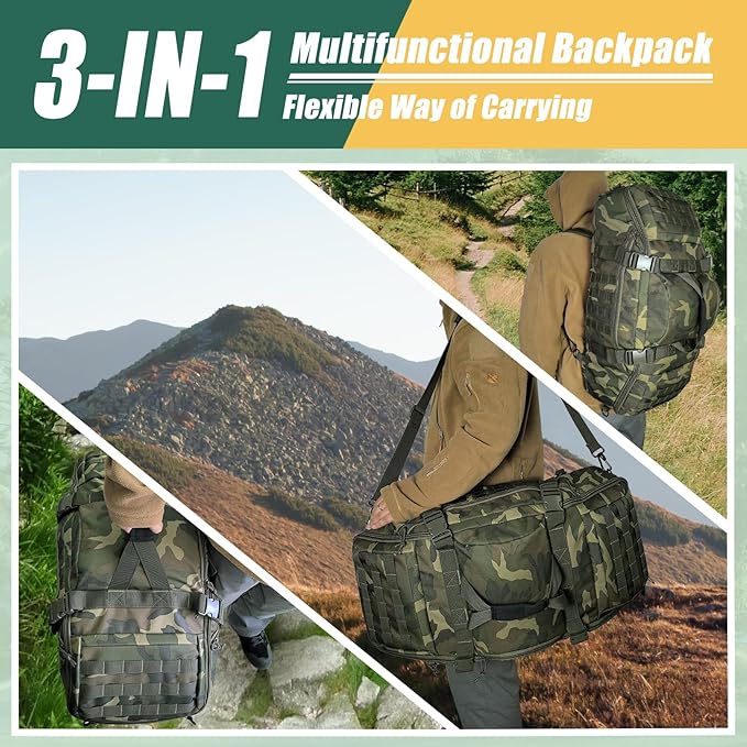 65L Large Travel Duffle Bag Military Tactical Backpack, Army Assault Pack 3 Day Bug Out Bag Rucksack for Outdoor Sport Hiking Camping with Molle System, Woodland