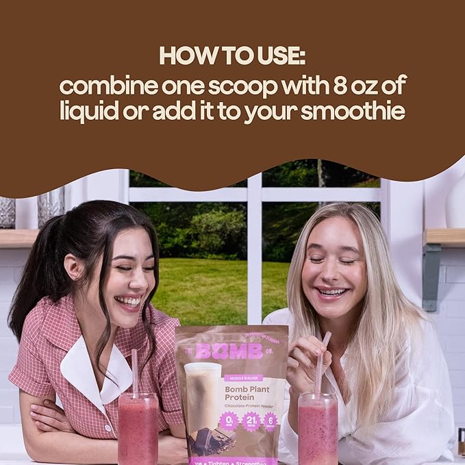 The Bomb Co. Bomb Plant Protein, Protein Powder with 21g Protein, Amino Acids, Zero Sugar, Pea Protein, Cocoa, Chia Seeds, Pumpkin Seeds, Vanilla & Monk Fruit, Gluten Free, Chocolate Flavor, 20 Srvgs