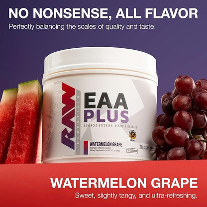 RAW EAA Plus, Amino Acids Powder, Watermelon Grape (30 Servings) - Pre Workout Amino Energy Powder for Advanced Endurance, Recovery & Lean Muscle Growth - BCAA Amino Acids Supplement for Men & Women