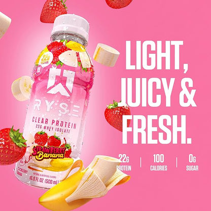 RYSE Clear Protein Shake - Strawberry Banana - 100 Calories, 22g Whey Isolate Protein, Sugar-Free, 0g Fat & Lactose-Free - Refreshing Ready-to-Drink Beverage - 16.9 fl oz Bottles (12-Pack)