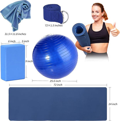Yoga Starter Kit - 11-Piece Set with Yoga Blocks, Strap, Ball, Mat, Carrying Strap, Net Bag, Cooling Towel