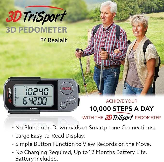 3DTriSport Walking 3D Pedometer with Clip & Strap, eBook Included | 30 Days Memory, Accurate Step Counter, Walking Distance Miles/Km, Calorie Counter, Daily Exercise Time Monitor