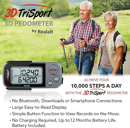 3DTriSport Walking 3D Pedometer with Clip & Strap, eBook Included | 30 Days Memory, Accurate Step Counter, Walking Distance Miles/Km, Calorie Counter, Daily Exercise Time Monitor