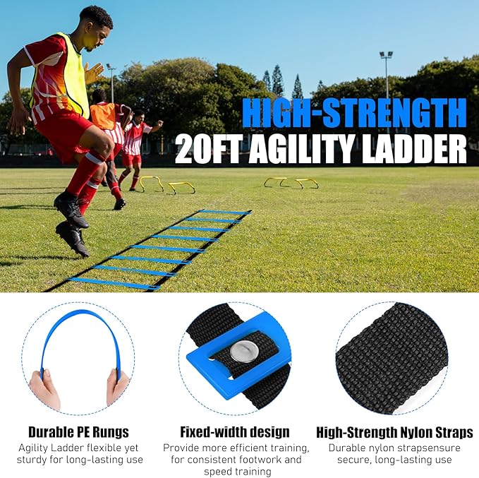 Soccer Training Equipment, Agility Speed Training Set with 20ft Speed Ladder, 12 Cones, 4 Adjustable Hurdles, Jump Rope, Parachute | Ideal for Basketball, Football Practise, for Kids, Youth, Adults