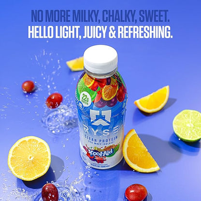 RYSE Clear Protein Shake - Kool-Aid Tropical Punch - 100 Calories, 22g Whey Isolate Protein, Sugar-Free, 0g Fat & Lactose-Free - Refreshing Ready-to-Drink Beverage - 16.9 fl oz Bottles (12-Pack)