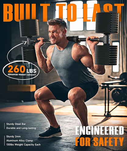Flexible Dumbbell Converter - 260 LBS Weight Capacity Adjustable Alloy Steel Bar丨Convert Dumbbells to Barbell, Enhanced Compatibility for Wide Range of Dumbbells for Home Weight Lifting