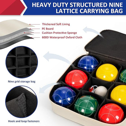 ropoda 107mm Bocce Ball Set Regulation Size and Weight with 8 Resin Bocce Balls, Resin Bocci Balls for Professional Tournament Competition, 60mm Pallino, Nine-Grid Shockproof Carrying Bag(2-8 Players)