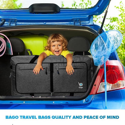 Bago Large Foldable Duffel Bags for Traveling Women & Men - 100L Packable Duffle Bag for Travel with Shoe Compartment - Water Repellant, Heavy Duty, Lightweight Folding & Collapsible (SnowBlack)