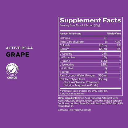 Rule 1 Active BCAA - Performance, Hydration, and Recovery Support with 5g BCAAs + Electrolytes, L-Glutamine, and Citrulline (30 Servings, Grape)