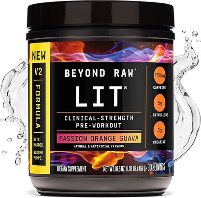 BEYOND RAW LIT V2 Clinical Strength Pre Workout Powder, Hits Harder, Bigger Pumps, Caffeine, L-Citrulline, Creatine, Passion Orange Guava, 30 Servings