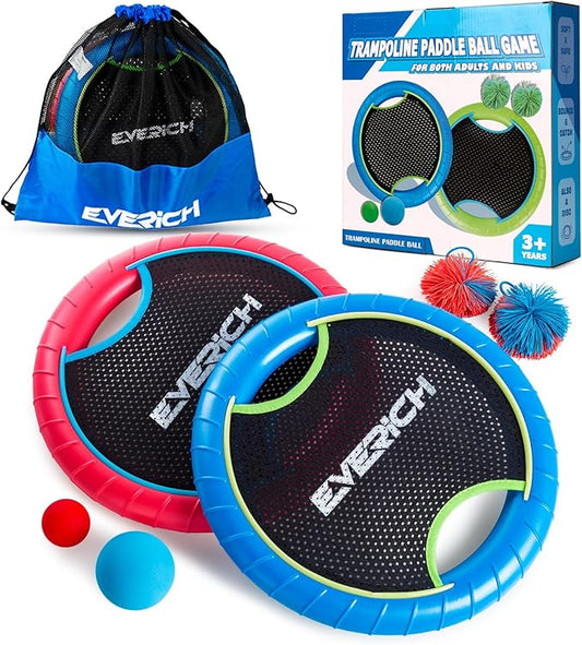 EVERICH TOY Trampoline Paddle Ball Set with 2 Bouncy Paddles & 4 Balls - Soft Foam Design for Kids
